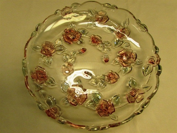 PRETTY IN PINK-FOOTED ROSE PLATTER, PITCHER, MANTLE CLOCK, VASES & PLATE