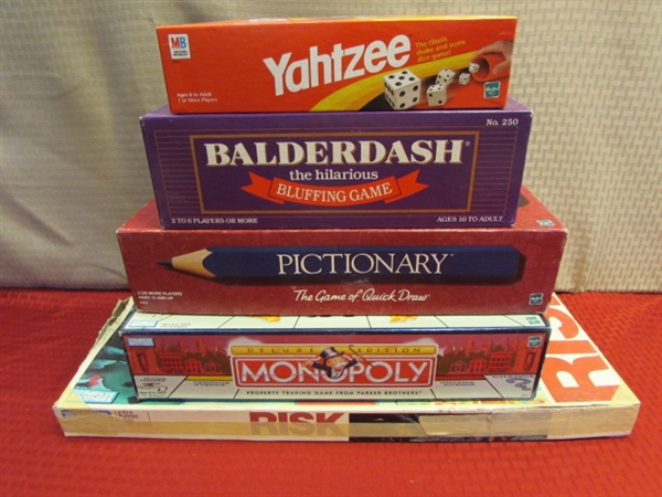 FAMILY GAME NIGHT - DELUXE MONOPOLY, RISK, YAHTZEE, PICTIONARY & BALDERDASH