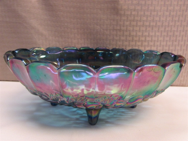 LARGE BLUE CARNIVAL GLASS FOOTED BOWL, MARIGOLD DISH, CUT TO CLEAR CRYSTAL DISH & ETCHED DEPRESSION GLASS FOOTED BOWL