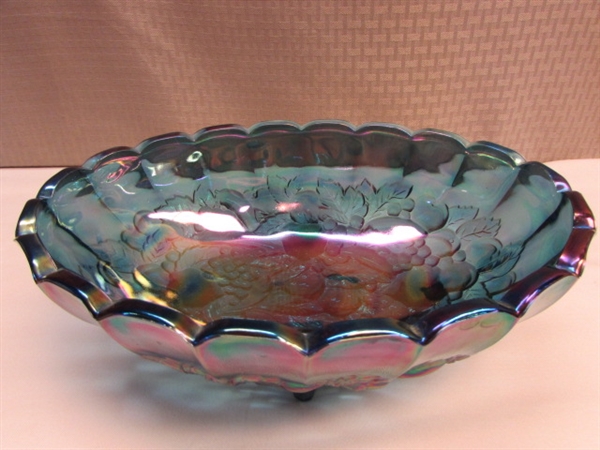 LARGE BLUE CARNIVAL GLASS FOOTED BOWL, MARIGOLD DISH, CUT TO CLEAR CRYSTAL DISH & ETCHED DEPRESSION GLASS FOOTED BOWL