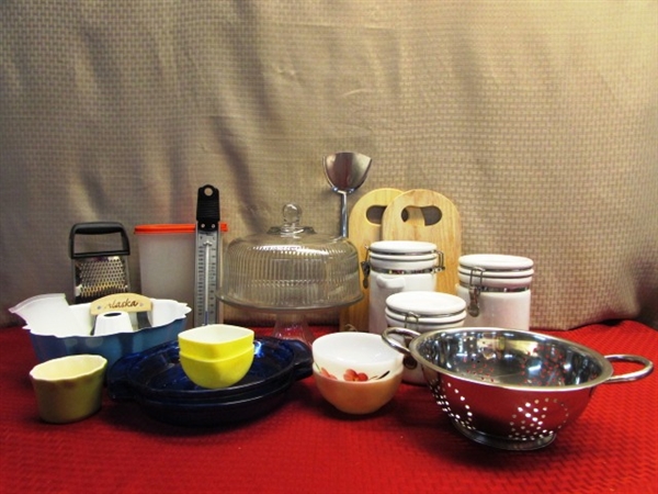 COOK'S GOODIES -CERAMIC CANISTERS, COBALT PIE PLATES, COVERED CAKE PLATE, VTG PYREX & FIRE KING DISHES & MUCH MORE