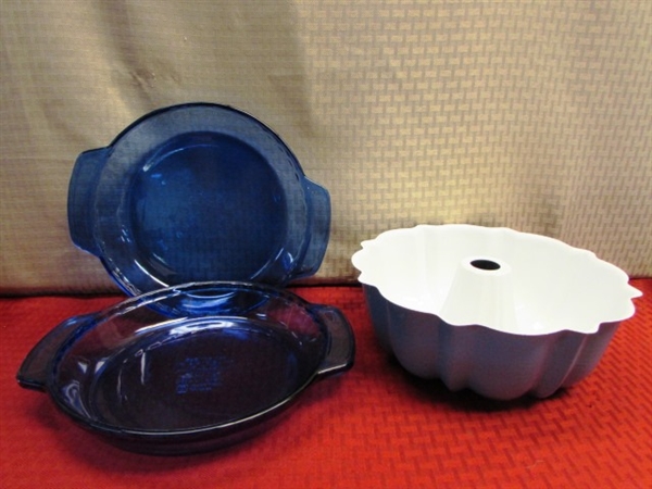 COOK'S GOODIES -CERAMIC CANISTERS, COBALT PIE PLATES, COVERED CAKE PLATE, VTG PYREX & FIRE KING DISHES & MUCH MORE