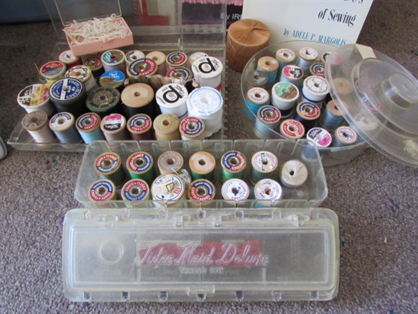 TONS OF SEWING STUFF OVER 4 DOZEN WOOD SPOOLS OF THREAD, IRON & BOARD, ELECTRIC SCISSORS, LACE, FABRIC & …..