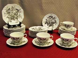 VINTAGE J&G MEAKIN TRANSFERWARE TEA CUPS, SAUCERS & PLATES IN GAINSBOROUGH PATTERN