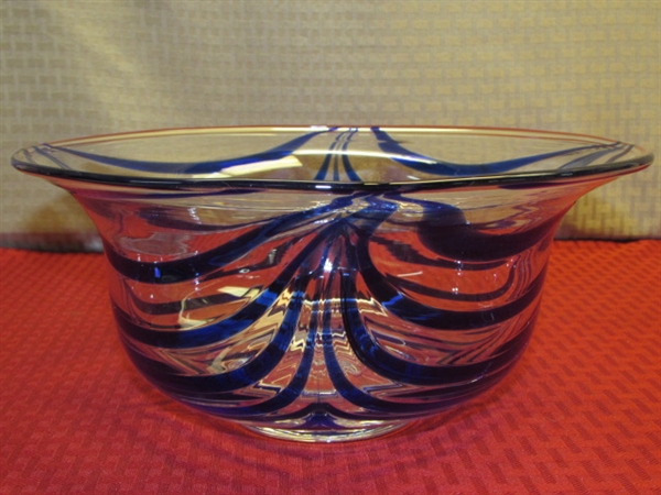HAND BLOWN GLASS BOWL W/COBALT STRIPES, COLLECTIBLE PLATE, CANDLE & 