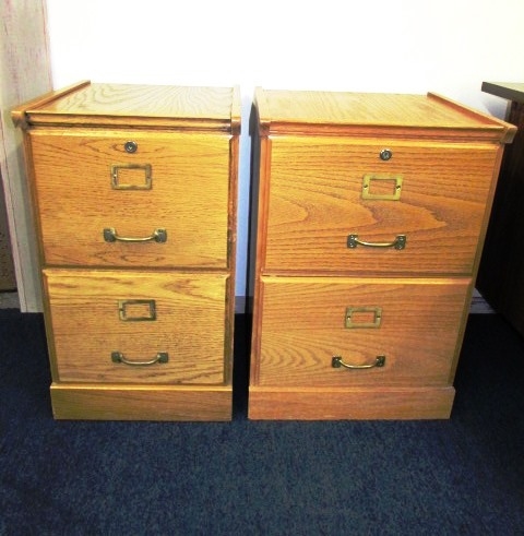 KEEP IMPORTANT DOCUMENTS ORGANIZED - TWO WOOD 2 DRAWER FILE CABINETS W/ HANGING FOLDERS 
