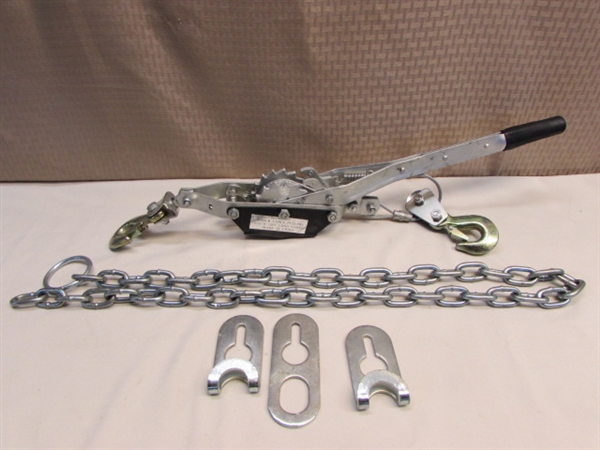NICE TWO TON CABLE PULLER COME ALONG WITH CHAIN & CHAIN CONNECTORS 