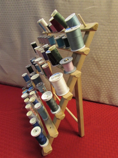 FOLDING WOODEN THREAD RACK WITH OVER 50 SPOOLS OF THREAD