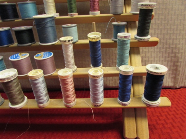 FOLDING WOODEN THREAD RACK WITH OVER 50 SPOOLS OF THREAD