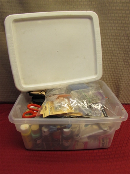 STORAGE BOX FULL OF CRAFT SUPPLIES - TONS OF PAINT, BRUSHES, GLUE GUN & MUCH MORE
