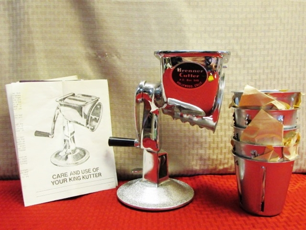 VINTAGE STAINLESS STEEL BRENNER KING KUTTER FOOD PROCESSOR WITH 6 CONES - VERY NICE!