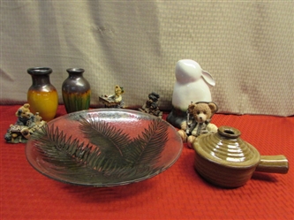 GREEN FERN GLASS PLATTER, 2 POTTERY VASES & COVERED BOWL, BEARS & A BUNNY 
