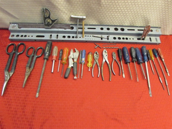 HANGING METAL TOOL RACK WITH LOTS OF TOOLS - CHAPMAN MIDGET RATCHET, CRAFTSMAN, SNAP ON, STANLEY & MORE