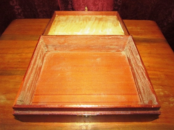 FOR YOUR SUMMER LEMONADE STAND - WOOD FOLDING TRAY & CIGAR BOX & OLD FASHIONED COUNTER  BELL