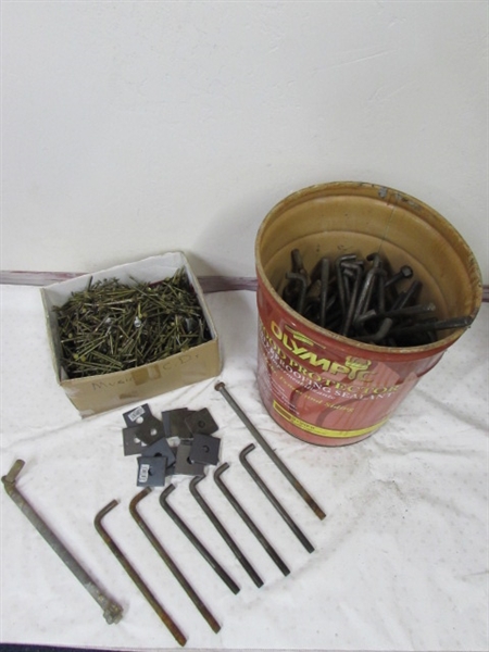 5 GALLON BUCKET OF J HOOKS, SQUARE WASHERS, MISCELLANEOUS HARDWARE & BOX OF 16d NAILS