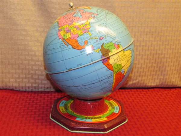 AROUND THE WORLD - VINTAGE OHIO ART TIN WORLD GLOBE WITH ZODIAC, SEASONS & MONTHS