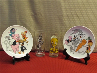 FOR THE KIDS OR COLLECTOR - TWO 1973 PEPSI COLLECTOR SERIES WARNER BROS. GLASSES & TWO LENNOX WARE PLATES