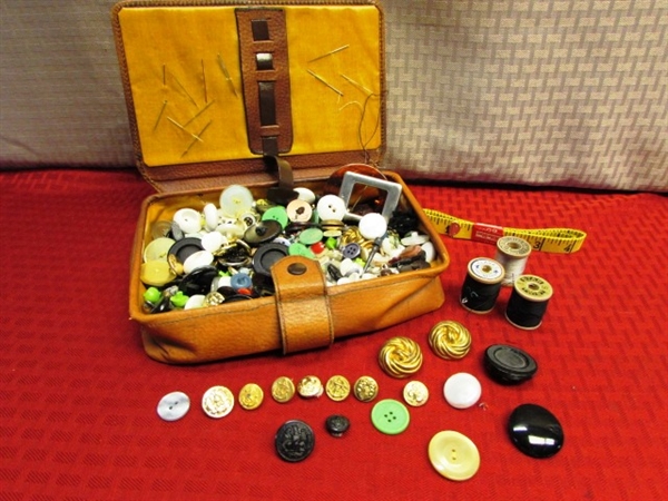 LOVELY TOOLED LEATHER SEWING BOX WITH LARGE BUTTON COLLECTION & MORE
