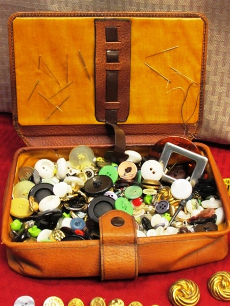 LOVELY TOOLED LEATHER SEWING BOX WITH LARGE BUTTON COLLECTION & MORE