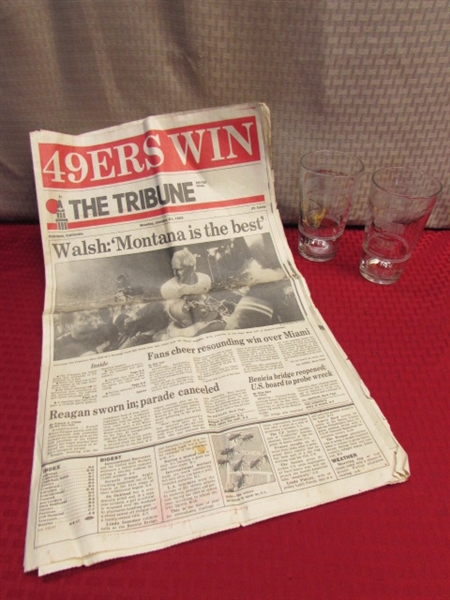 RARE SAN FRANCISCO 49ERS SUPER BOWL CHAMPION GOLD TRIM LIBBEY GLASSES & OAKLAND NEWS PAPER 49ERS WIN!