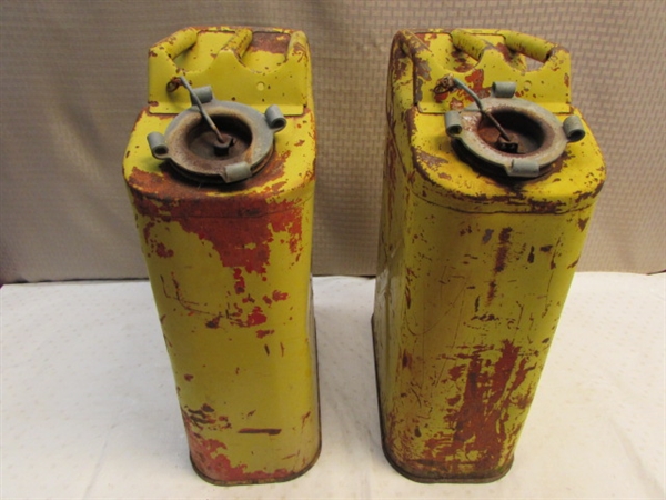 NEVER RUN OUT OF GAS - TWO VINTAGE USMC YELLOW METAL 5 GALLON  JERRY CANS 