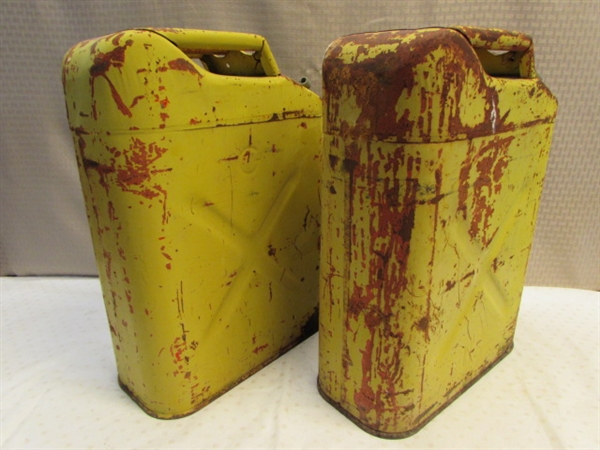 NEVER RUN OUT OF GAS - TWO VINTAGE USMC YELLOW METAL 5 GALLON  JERRY CANS 