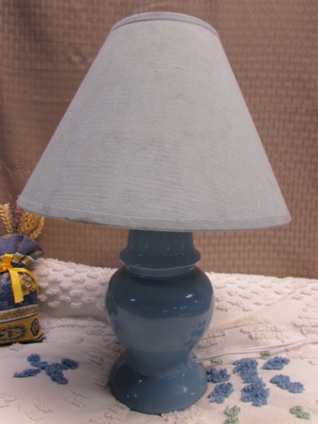 BEAUTIFUL COOL BLUE  - BED SIDE LAMP, LIGHT SUMMER BEDSPREAD WITH BLUE DETAILS & FRINGE & MORE