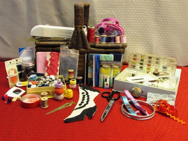 SEWING BASKET W/ VINTAGE WISS SCISSORS, BUTTON COLLECTION, METAL & WOOD SPOOLS OF THREAD & MUCH MORE