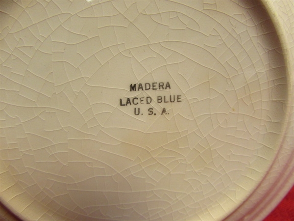 ANTIQUE LUSTERWARE MADERA LACED BLUE TEA CUPS, SAUCERS, BOWLS, CREAMER, SUGAR BOWL & BLUE GLASS RELISH DISH 