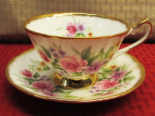 TEA FOR TWO - VINTAGE ENGLISH FINE BONE CHINA TEA CUPS W/SAUCERS & VIBRANT YELLOW INFUSER TEA POT
