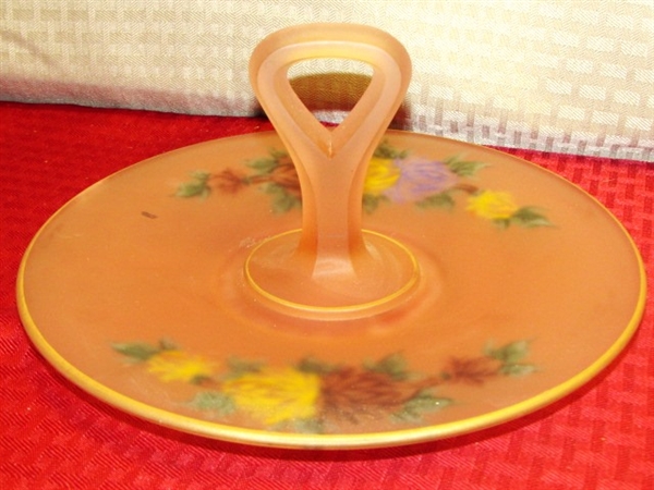 ANTIQUE HAND PAINTED FROSTED SATIN GLASS SERVING PLATE, PORCELAIN WASH BASIN, NEW LUNCHEON PLATES & MORE