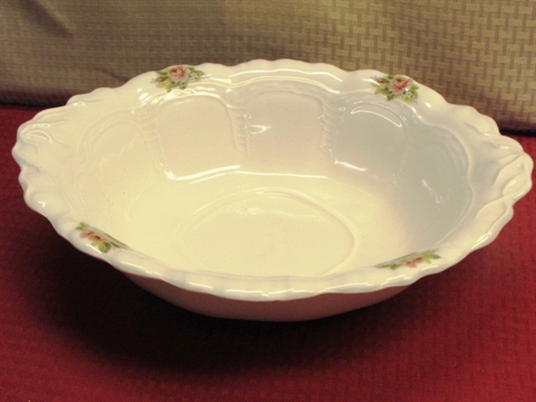 ANTIQUE HAND PAINTED FROSTED SATIN GLASS SERVING PLATE, PORCELAIN WASH BASIN, NEW LUNCHEON PLATES & MORE