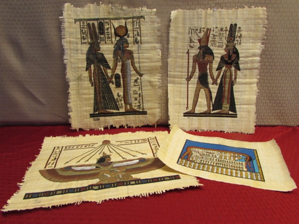 FOUR EXQUISITE HAND PAINTED EGYPTIAN PAPYRUS WALL HANGINGS