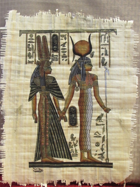 FOUR EXQUISITE HAND PAINTED EGYPTIAN PAPYRUS WALL HANGINGS