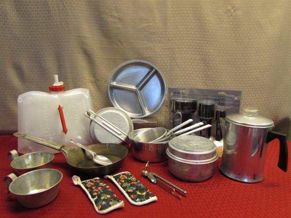 CAMP COOK-ALUMINUM KETTLE, PANS, CUPS, COLLAPSEABLE WATER JUG, NIB SEARS FLASHLIGHTS & MORE