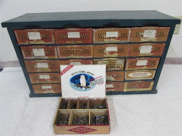 AWESOME CUSTOM MADE WOOD STORAGE UNIT WITH CIGAR BOXES FILLED WITH HARDWARE.