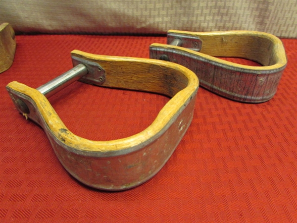 CRAFTS OR RANCH DÉCOR - 7 RUSTIC STIRRUPS, WOOD, LEATHER & METAL BOUND 