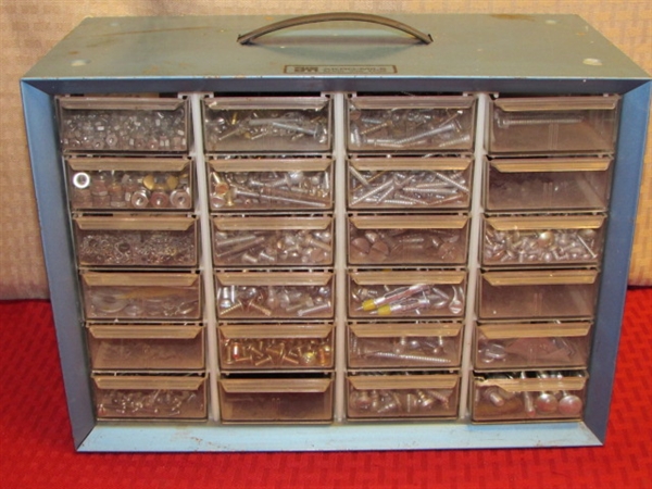 TWENTY FOUR DRAWER METAL TOOL CABINET WITH LOTS OF HARDWARE  