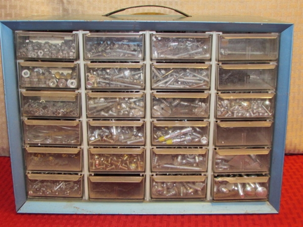 TWENTY FOUR DRAWER METAL TOOL CABINET WITH LOTS OF HARDWARE  
