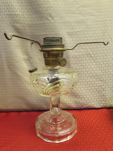 ANTIQUE ALADDIN WASHINGTON DRAPE OIL LAMP WITH MODEL B BURNER, VINTAGE MILK & DEPRESSION GLASS . . .