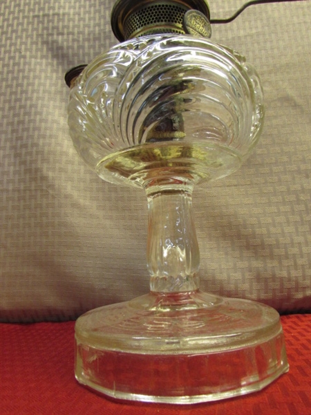 ANTIQUE ALADDIN WASHINGTON DRAPE OIL LAMP WITH MODEL B BURNER, VINTAGE MILK & DEPRESSION GLASS . . .