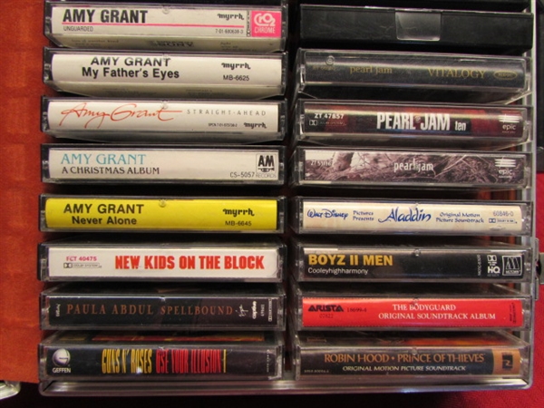 LARGE SELECTION OF CASSETTE TAPES - NEIL YOUNG, NIRVANA, AMY GRANT & MORE PLUS CARRYING CASES & WALL CASES
