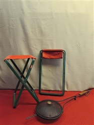 FUN AROUND THE CAMPFIRE!  TWO COLEMAN FOLDING STOOLS & A LONG HANDLED POPCORN POPPER