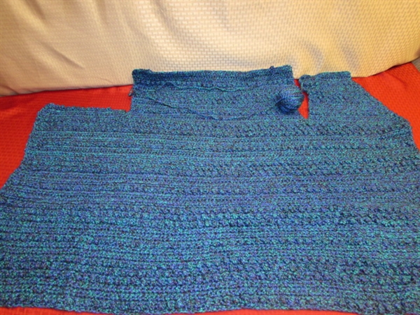 STUNNING SO SOFT PEACOCK COLOR YARN & BEAUTIFULLY STARTED CROCHET PROJECT . . . CAN YOU FINISH IT BY WINTER?