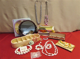 BEAUTIFUL VINTAGE JEWELRY, STERLING SILVER, BEADS, GLASS BIRD BROOCH, NIB TWO WAY MIRROR & BRUSH & MORE