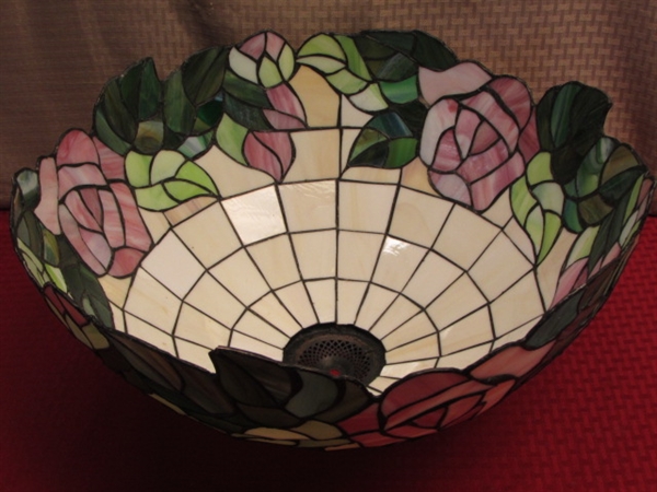 ELEGANT CUSTOM MADE TIFFANY STYLE HANGING GLASS LAMP SHADE WITH FLORAL DESIGN