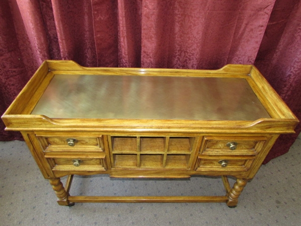 VERY PRETTY ROLLING SIDE BOARD WITH PROTECTIVE METAL TOP