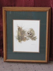 WONDERFUL FRAMED PRINT OF OWL "NATUGLE STRIX ALUCO" BY DANISH ARTIST MADS STAGE