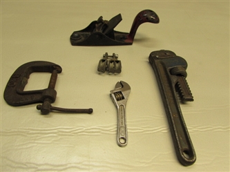 TINY TOOLS!  RARE PLANE, CRAFTSMAN PIPE WRENCH, B&C C-CLAMP,PULLEYS & ADJUSTABLE WRENCH.  ALL UNDER 6" LONG!