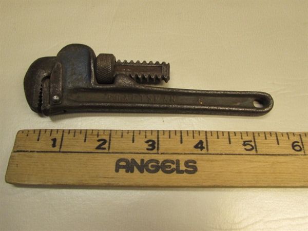 TINY TOOLS!  RARE PLANE, CRAFTSMAN PIPE WRENCH, B&C C-CLAMP,PULLEYS & ADJUSTABLE WRENCH.  ALL UNDER 6 LONG!